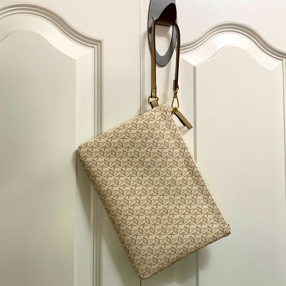 Ann Klein Clutch Wristlet Cream Repeating Logo and Initials